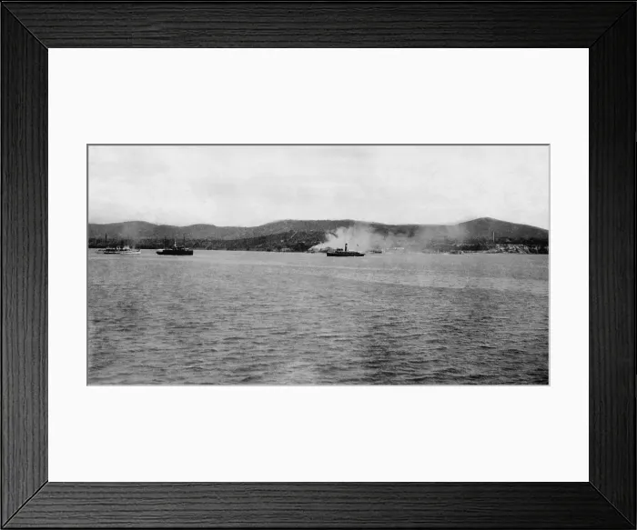 Framed Print : Distant view of US Maines landing at Guantanamo, Cuba, on June 6-10, 1898. The light cruiser USS MARBLEHEAD, and the auxiliary cruisers USS ST