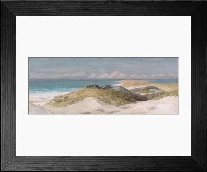 Framed Print : LAIR OF THE SEA SERPENT, by Elihu Vedder, 1899, American painting, oil on canvas. Monstrously huge snake on a shore side sand dune by the Symbolist painter (BSLOC_2017_11_104)