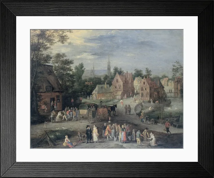 Framed Print : A Village in Flanders, by Pieter Gijsels, 1650-91, Flemish painting, oil on canvas. In center, a group stands around a man with a dancing dog