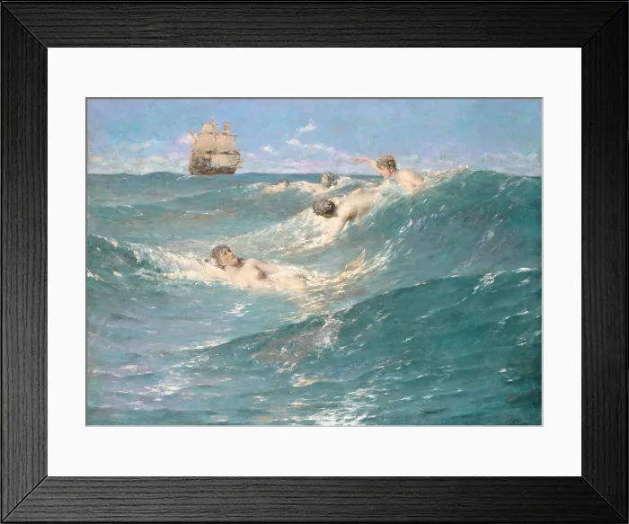 Framed Print : THE STRANGE SEAS, by George Willoughby Maynard, 1889, American painting, oil on canvas. Five bare breasted mermaids swim in ocean waves as a three masted ship sails nearby Framed Print : THE STRANGE SEAS, by George Willoughby Maynard, 1889, American painting, oil on canvas. Five bare breasted mermaids swim in ocean waves as a three masted ship sails nearby