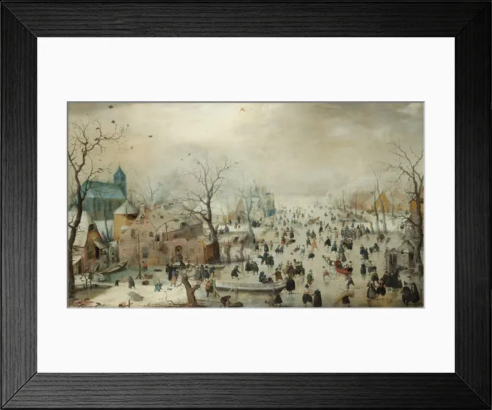 Framed Print : Winter Landscape with Ice Skaters, by Hendrick Avercamp, 1608, Dutch painting, oil on panel. Hundreds of people are out on the ice, for both pleasure and necessity