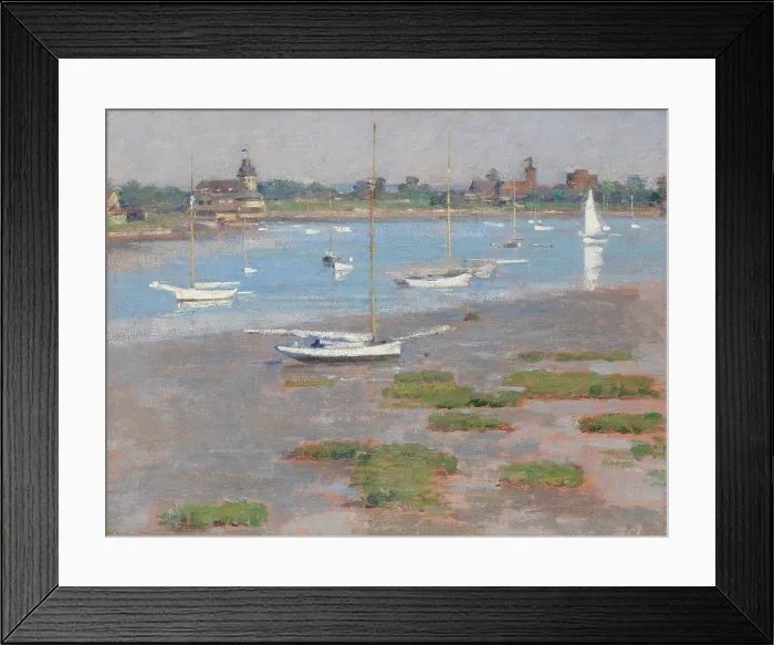 Framed Print : LOW TIDE, RIVERSIDE YACHT CLUB, by Theodore Robinson, 1894, American painting, oil on canvas. Coastal scenes at Cos Cob, Connecticut, a popular American artists colony