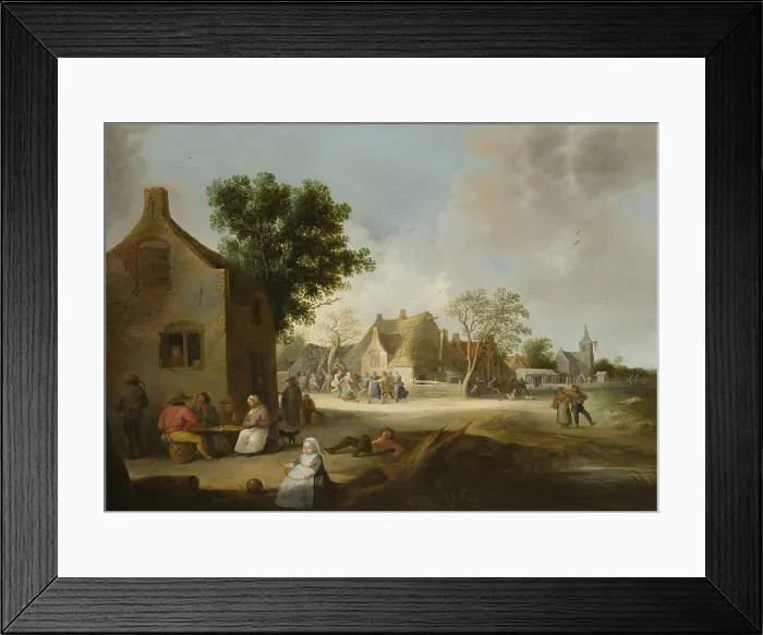 Framed Print : Country Kermis, by Pieter de Bloot, 1639, Dutch painting, oil on panel. Famers festival in a village results with smokers, drinkers, dancers and drunkards
