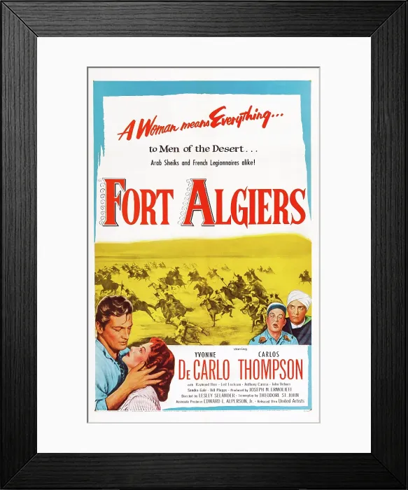 Framed Print : FORT ALGIERS, l-r: Carlos Thompson, Yvonne De Carlo, Leif Erickson, Raymond Burr on poster art, 1953
