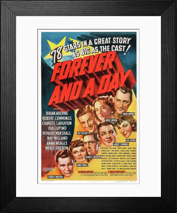 Framed Print : FOREVER AND A DAY, US poster art, from bottom: Herbert Marshall, Anna Neagle, Charles Laughton, Ray Milland, Robert Cummings, Ida Lupino, Merle Oberon, Brian Aherne, 1943 Framed Print : FOREVER AND A DAY, US poster art, from bottom: Herbert Marshall, Anna Neagle, Charles Laughton, Ray Milland, Robert Cummings, Ida Lupino, Merle Oberon, Brian Aherne, 1943