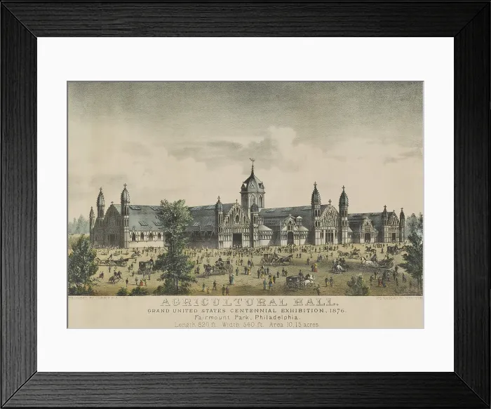 Framed Print : United States Centennial Exhibition 1876. The Agricultural Hall was built with of wood and glass, and designed to look like various barn structures