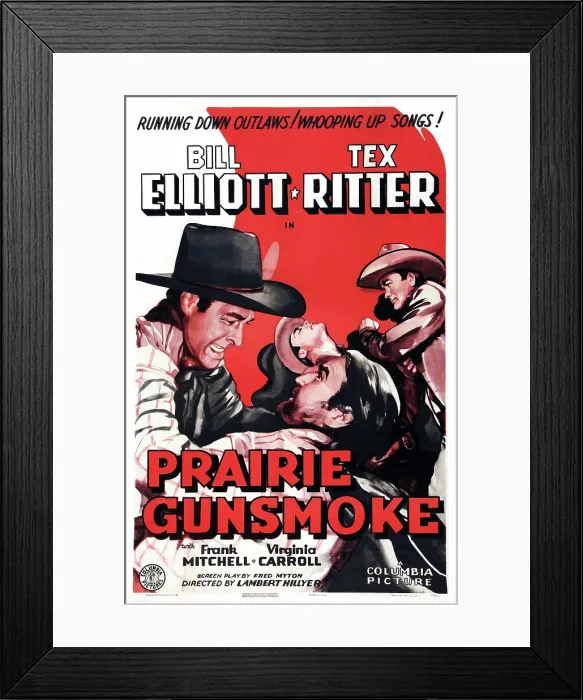Framed Print : PRAIRIE GUNSMOKE, US poster art, left: Bill Elliott; right: Tex Ritter, 1942 Framed Print : PRAIRIE GUNSMOKE, US poster art, left: Bill Elliott; right: Tex Ritter, 1942