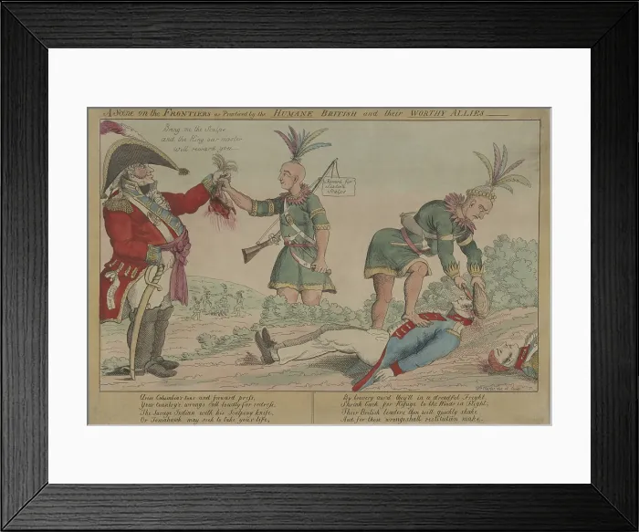 Framed Print : War of 1812. Cartoon denounces British and Indian war crimes, specifically, the British practice of offering bounties for American scalps
