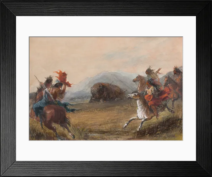 Framed Print : WOUNDED BUFFALO, 1837-1838, by Alfred Jacob Miller, watercolor painting. American Indians approach a disabled bison wounded by two projectiles