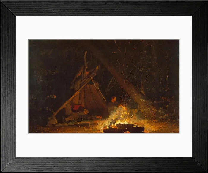 Framed Print : CAMP FIRE, by Winslow Homer, 1880, American painting, oil on canvas. Illuminated by firelight, two fishermen camp in an open shelter with their tackle basket and long-handled net