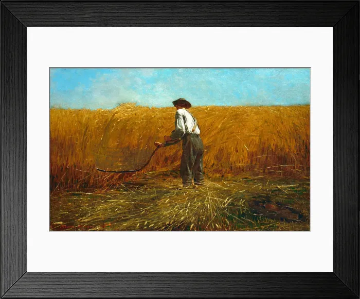 Framed Print : THE VETERAN IN THE FIELD, by Winslow Homer, 1865, American painting, oil on canvas. A farmer harvests ripe wheat with an traditional scythe