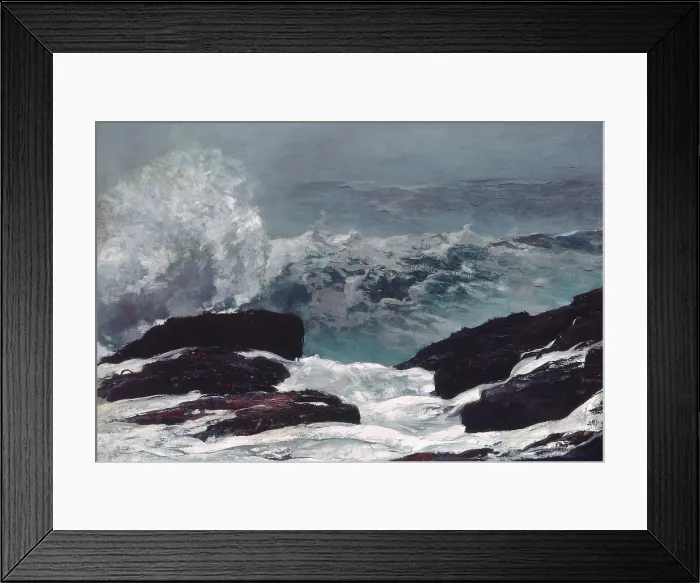 Framed Print : MAINE COAST, by Winslow Homer, 1896, American painting, oil on canvas. View seaward from the cliffs at Prouts Neck, Maine, during a storm as a wave breaks on the rocky shore