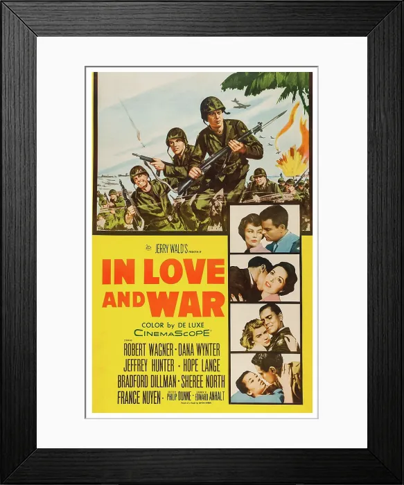 Framed Print : IN LOVE AND WAR, US poster art, top from left: Bradford Dillman, Jeffrey Hunter, Robert Wagner; top insert: Sheree North, Robert Wagner; second from bottom insert: Hope Lange