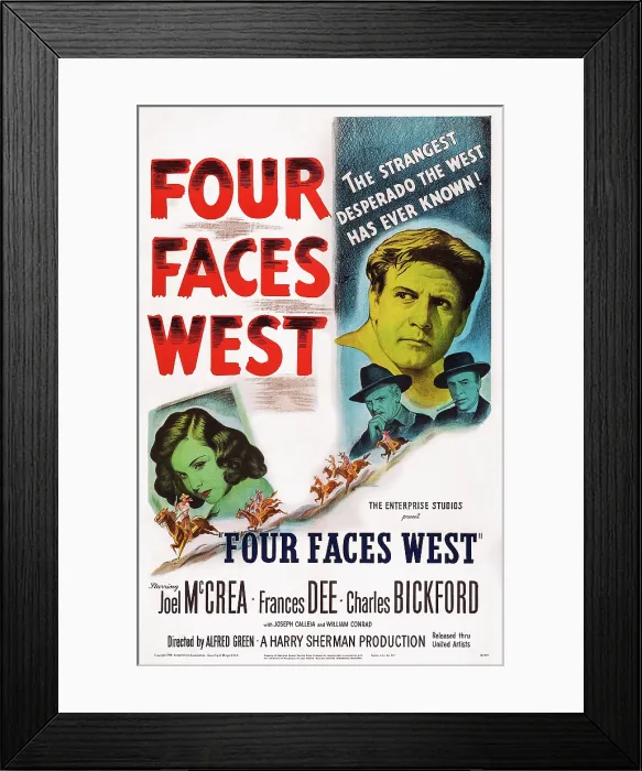 Framed Print : FOUR FACES WEST, US poster art, from left: Frances Dee, Charles Bickford, Joel McCrea, Joseph Calleia, 1948 Framed Print : FOUR FACES WEST, US poster art, from left: Frances Dee, Charles Bickford, Joel McCrea, Joseph Calleia, 1948
