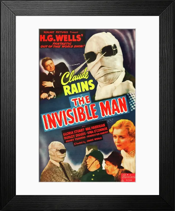 Framed Print : THE INVISIBLE MAN, top l-r: Claude Rains, bottom left: Claude Rains, bottom far right: Gloria Stuart on poster art, 1933