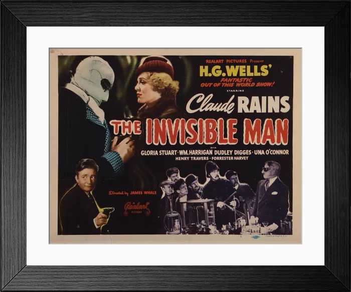 Framed Print : THE INVISIBLE MAN, titlecard, Claude Rains (left, top and bottom, and bottom right), Gloria Stuart (top right), E.E. Clive (policeman), 1933