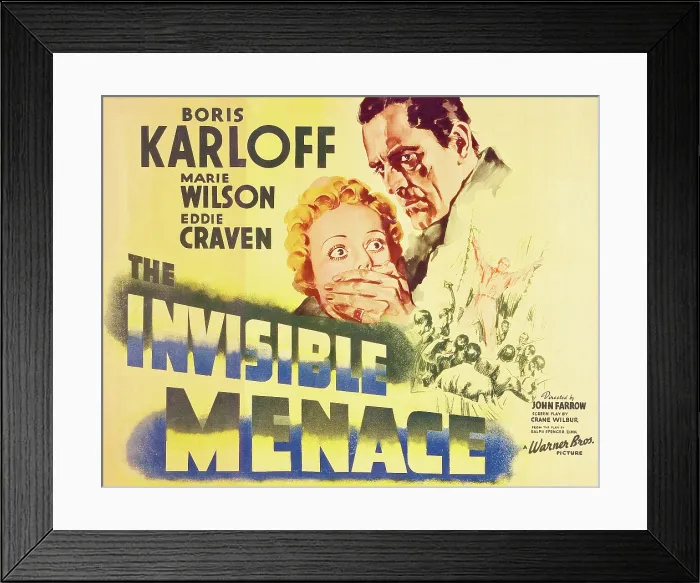 Framed Print : THE INVISIBLE MENACE, l-r: Marie Wilson, Boris Karloff on title card, 1938 Framed Print : THE INVISIBLE MENACE, l-r: Marie Wilson, Boris Karloff on title card, 1938