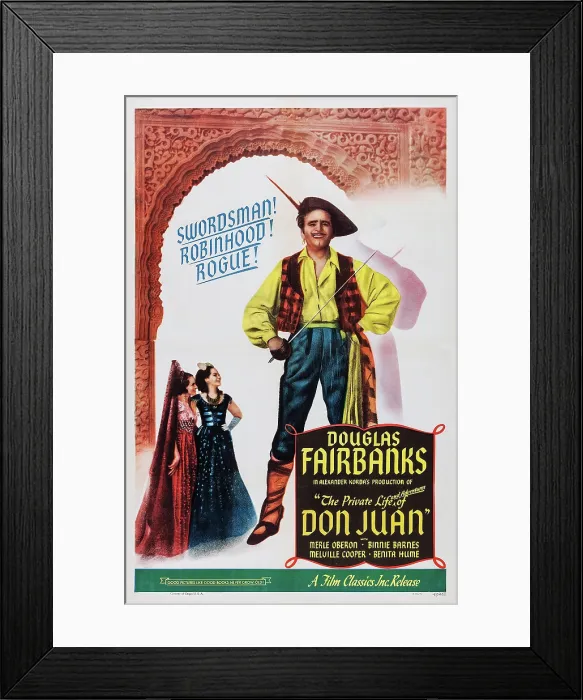 Framed Print : THE PRIVATE LIFE OF DON JUAN, British poster, Douglas Fairbanks (center), bottom from left: Benita Hume, Merle Oberon, 1934