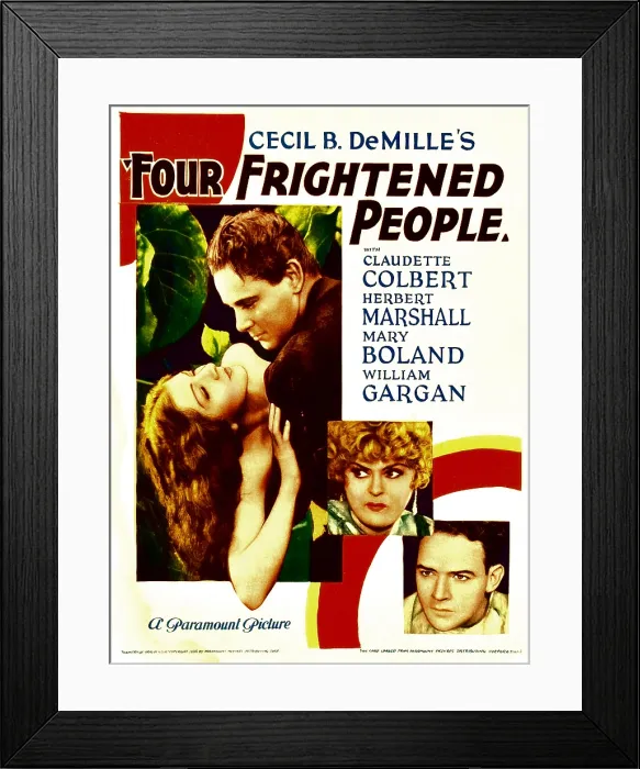 Framed Print : FOUR FRIGHTENED PEOPLE, from left: Claudette Colbert, Herbert Marshall, Mary Boland, William Gargan on midget window card, 1934 Framed Print : FOUR FRIGHTENED PEOPLE, from left: Claudette Colbert, Herbert Marshall, Mary Boland, William Gargan on midget window card, 1934