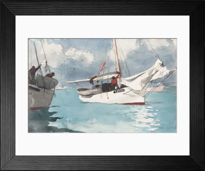 Framed Print : FISHING BOATS, KEY WEST, by Winslow Homer, 1903, American watercolor painting. African Americans man fishing boats At Key West, Florida Framed Print : FISHING BOATS, KEY WEST, by Winslow Homer, 1903, American watercolor painting. African Americans man fishing boats At Key West, Florida