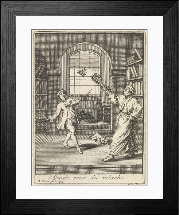 Framed Print : A Teacher Plays Badminton with His Pupil, by Bernard Picart / Gerard de Lairesse, Dutch print, etching, engraving on paper Framed Print : A Teacher Plays Badminton with His Pupil, by Bernard Picart / Gerard de Lairesse, Dutch print, etching, engraving on paper