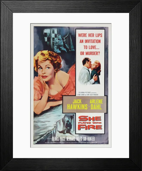 Framed Print : FORTUNE IS A WOMAN, (aka SHE PLAYED WITH FIRE), US poster art, left and right: Arlene Dahl; second right: Jack Hawkins, 1957