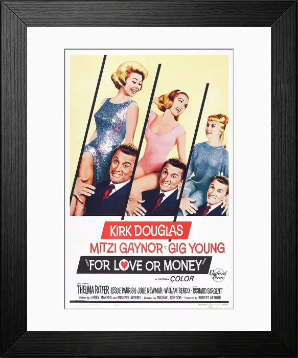 Framed Print : FOR LOVE OR MONEY, US poster, Kirk Douglas (three times) holding from left: Mitzi Gaynor, Julie Newmar, Leslie Parrish, 1963