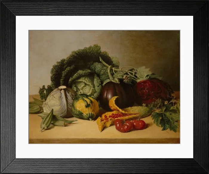 Framed Print : STILL LIFE: BALSAM APPLE AND VEGETABLES, by James Peale, 1820, American painting, oil on canvas