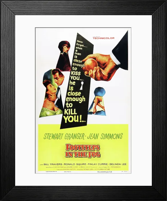 Framed Print : FOOTSTEPS IN THE FOG, l-r: Jean Simmons, Stewart Granger on poster art, 1955