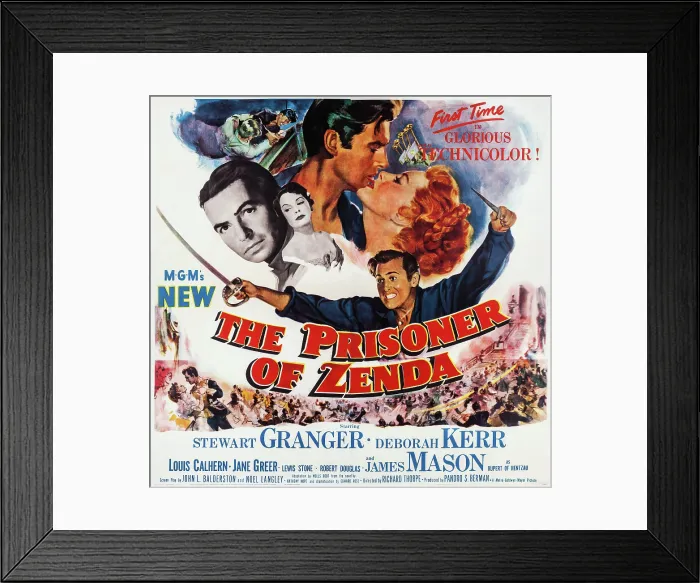 Framed Print : THE PRISONER OF ZENDA, US poster art, from left: James Mason, Jane Greer, Stewart Granger, Deborah Kerr, 1952