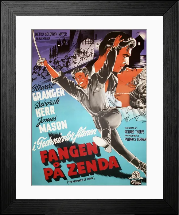 Framed Print : THE PRISONER OF ZENDA, (aka FANGEN PA ZENDA), l-r: Stewart Granger, James Mason, Deborah Kerr on Danish poster art, 1952