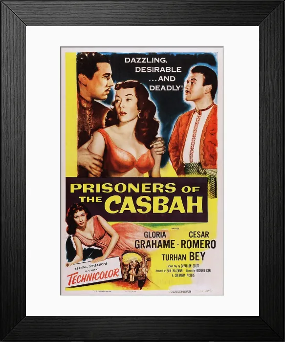 Framed Print : PRISONERS OF THE CASBAH, l-r: Cesar Romero, Gloria Grahame, Turhan Bey on poster art, 1953 Framed Print : PRISONERS OF THE CASBAH, l-r: Cesar Romero, Gloria Grahame, Turhan Bey on poster art, 1953