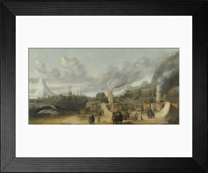 Framed Print : Whale-oil Refinery near Village of Smerenburg, by Cornelis de Man, 1639, Dutch painting. Painting of Dutch whaling settlement on Spitsbergen Island