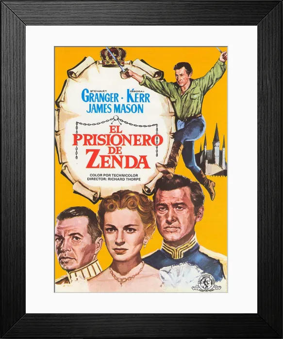 Framed Print : THE PRISONER OF ZENDA, (aka EL PRISIONERO DE ZENDA), top: Stewart Granger, bottom l-r: James Mason, Deborah Kerr, Stewart Granger on Spanish poster art, 1952