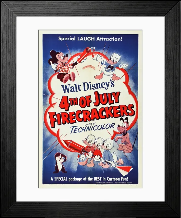 Framed Print : 4TH OF JULY FIRECRACKERS, (clockwise from top left) Mickey Mouse, Donald Duck, Pluto, Hewey, Dewey, Louie, 1943