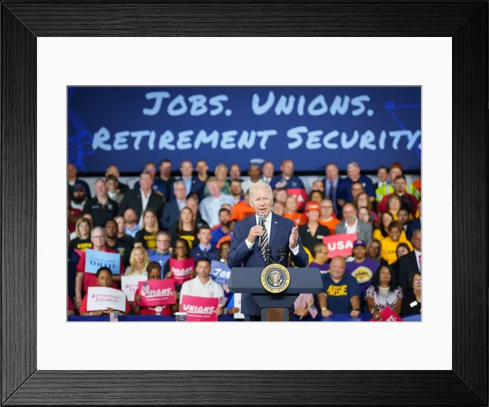 Framed Print : President Joe Biden speaks about the American Rescue plan's pension protection provisions to workers in Cleveland, Ohio, July 6, 2022