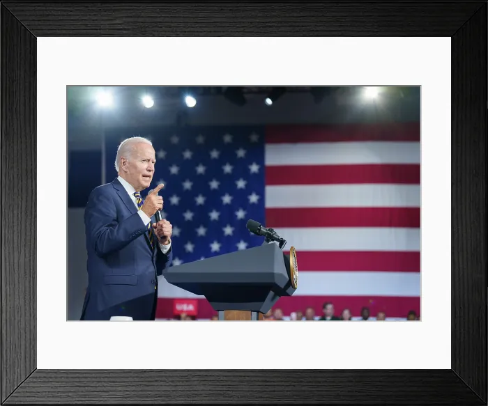 Framed Print : President Joe Biden speaks to workers about the American Rescue plan's pension assurance arm, Pension Benefit Guaranty Corporation Framed Print : President Joe Biden speaks to workers about the American Rescue plan's pension assurance arm, Pension Benefit Guaranty Corporation