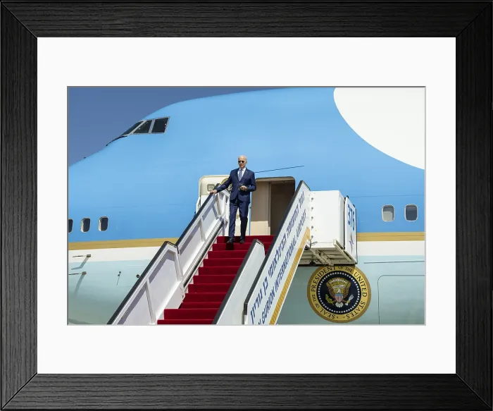 Framed Print : President Joe Biden strands at the top of the stairs of Air Force One, upon his arrival at Ben Gurion Airport in Tel Aviv, Israel, July 13, 2022. (BSLOC_2022_6_24)
