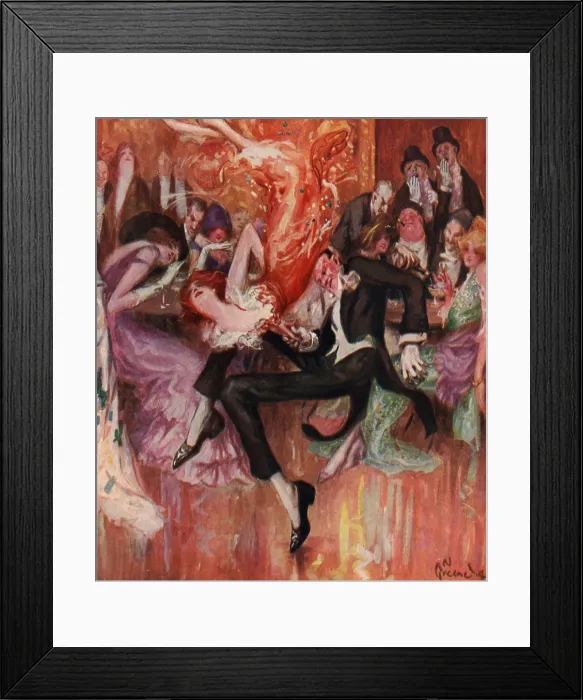 Framed Print : NEWYORKITIS, by Nelson Greene. A woman flipping upside down in a wild modern dance. Off to the side of the nightclub dance floor are a few bored men stifling yawns