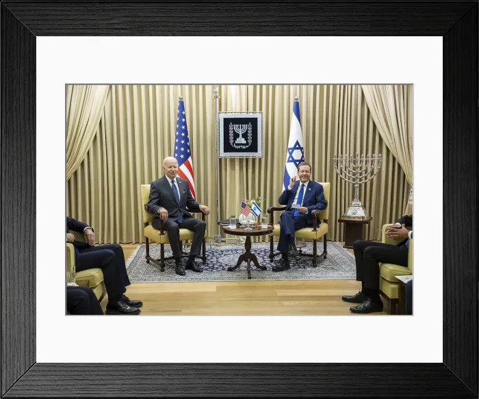 Framed Print : President Joe Biden meets with Israeli President Isaac Herzog, July 14, 2022. As President, Herzog is legal head of state, but only holds an apolitical and ceremonial role Framed Print : President Joe Biden meets with Israeli President Isaac Herzog, July 14, 2022. As President, Herzog is legal head of state, but only holds an apolitical and ceremonial role