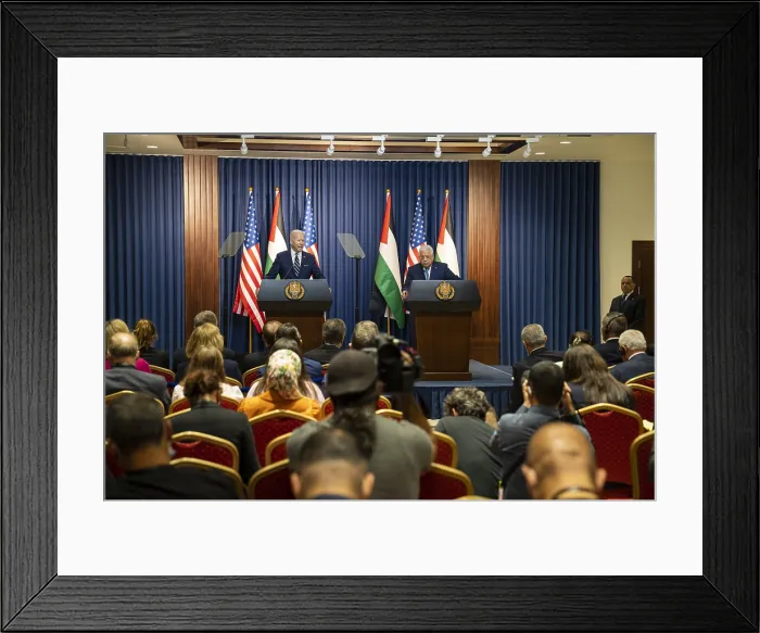 Framed Print : President Joe Biden issues a press statement with Palestinian Authority President Mahmoud Abbas, July 15, 2022