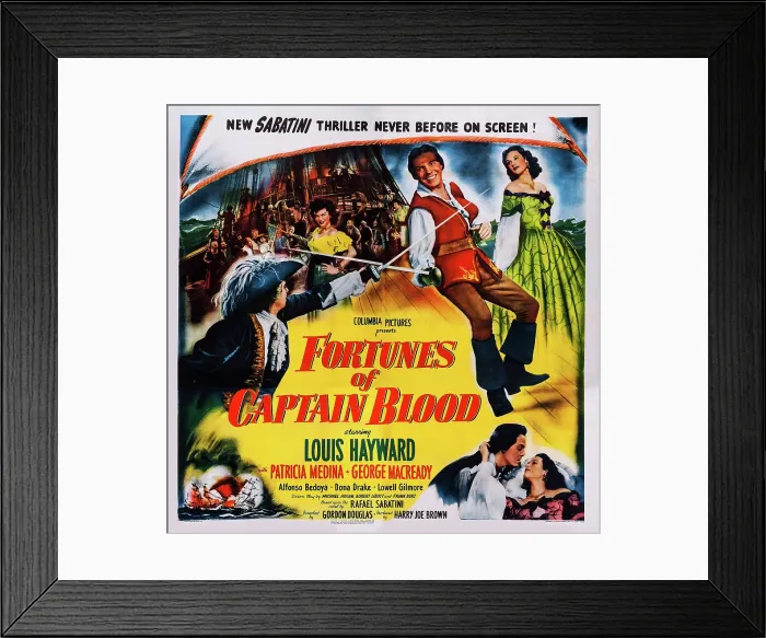 Framed Print : FORTUNES OF CAPTAIN BLOOD, US poster art, Louis Hayward (top left), Patricia Medina (top right), 1950