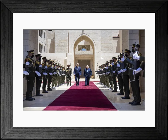 Framed Print : President Biden and Palestinian Authority President Mahmoud Abbas walk through an honor guard as the US President leaves the Palestinian Presidential Palace in Bethlehem, July 15 Framed Print : President Biden and Palestinian Authority President Mahmoud Abbas walk through an honor guard as the US President leaves the Palestinian Presidential Palace in Bethlehem, July 15