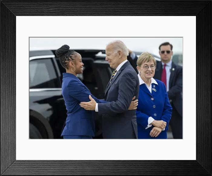 Framed Print : President Joe Biden is greeted by Congresswoman, Shontel Brown, as he arrives at Cleveland, Ohio, July 6, 2022