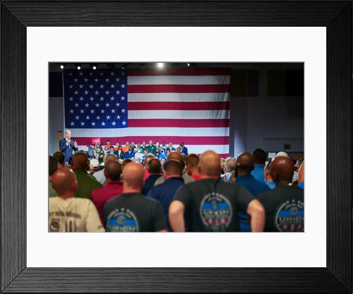 Framed Print : President Joe Biden speaks to workers about the American Rescue plan's pension protection, July 6, 2022, in Cleveland, Ohio Framed Print : President Joe Biden speaks to workers about the American Rescue plan's pension protection, July 6, 2022, in Cleveland, Ohio