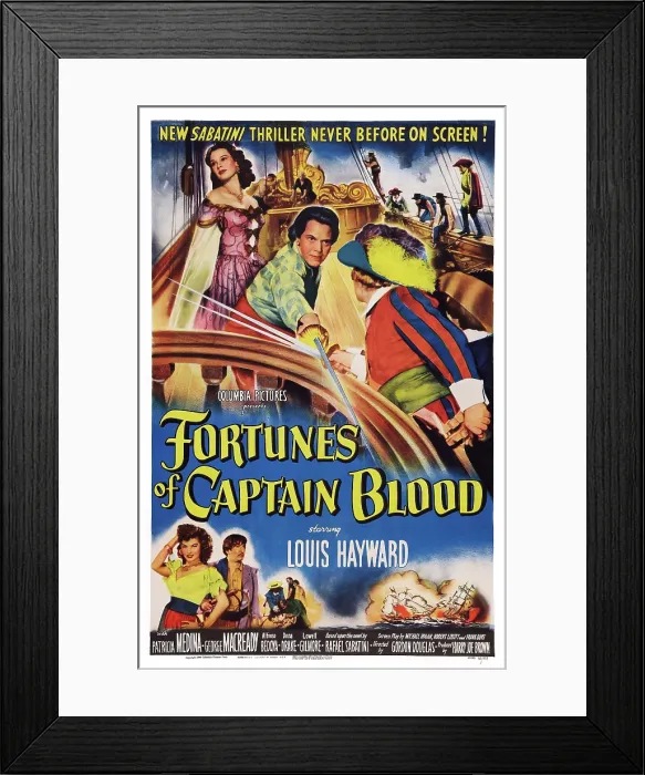 Framed Print : FORTUNES OF CAPTAIN BLOOD, US poster art, top left: Patricia Medina; center: Louis Hayward, 1950 Framed Print : FORTUNES OF CAPTAIN BLOOD, US poster art, top left: Patricia Medina; center: Louis Hayward, 1950