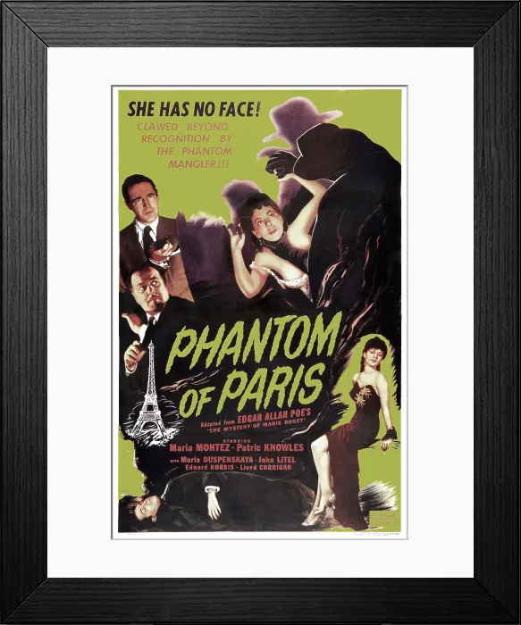 Framed Print : PHANTOM OF PARIS, (aka THE MYSTERY OF MARIE ROGET), US poster, top left: Patric Knowles, Maria Montez (center), 1942 Framed Print : PHANTOM OF PARIS, (aka THE MYSTERY OF MARIE ROGET), US poster, top left: Patric Knowles, Maria Montez (center), 1942