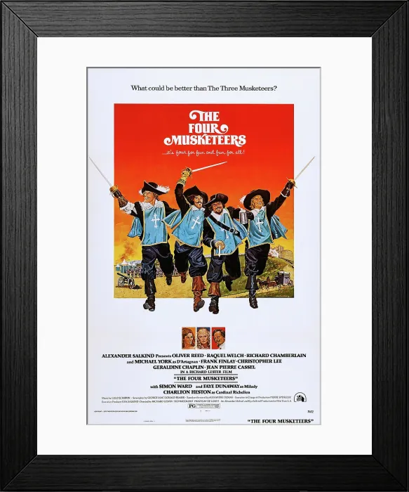 Framed Print : THE FOUR MUSKETEERS, US poster, top from left: Richard Chamberlain, Frank Finlay, Oliver Reed, Michael York, bottom from left: Raquel Welch, Faye Dunaway, Charlton Heston, 1974