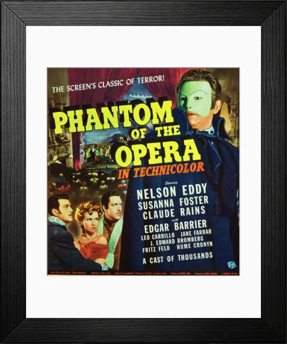 Framed Print : PHANTOM OF THE OPERA, l-r: Nelson Eddy, Susanna Foster, Claude Rains on window card, 1943 Framed Print : PHANTOM OF THE OPERA, l-r: Nelson Eddy, Susanna Foster, Claude Rains on window card, 1943