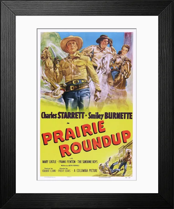 Framed Print : PRAIRIE ROUNDUP, US poster art, top from left: Charles Starrett, Smiley Burnette, Mary Castle, 1951